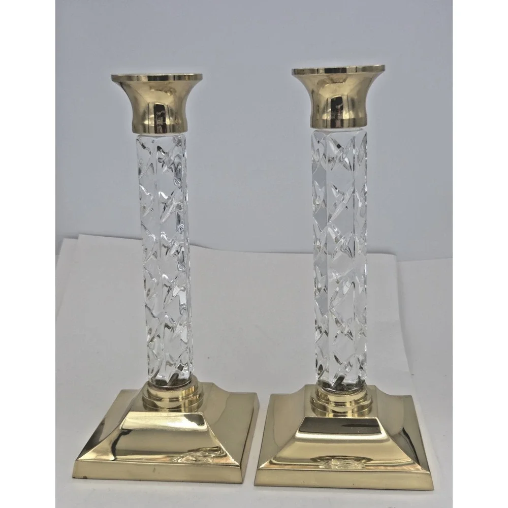 Waterford Crystal & Brass Cambridge Candle Holders Set Of Two 11-Inch